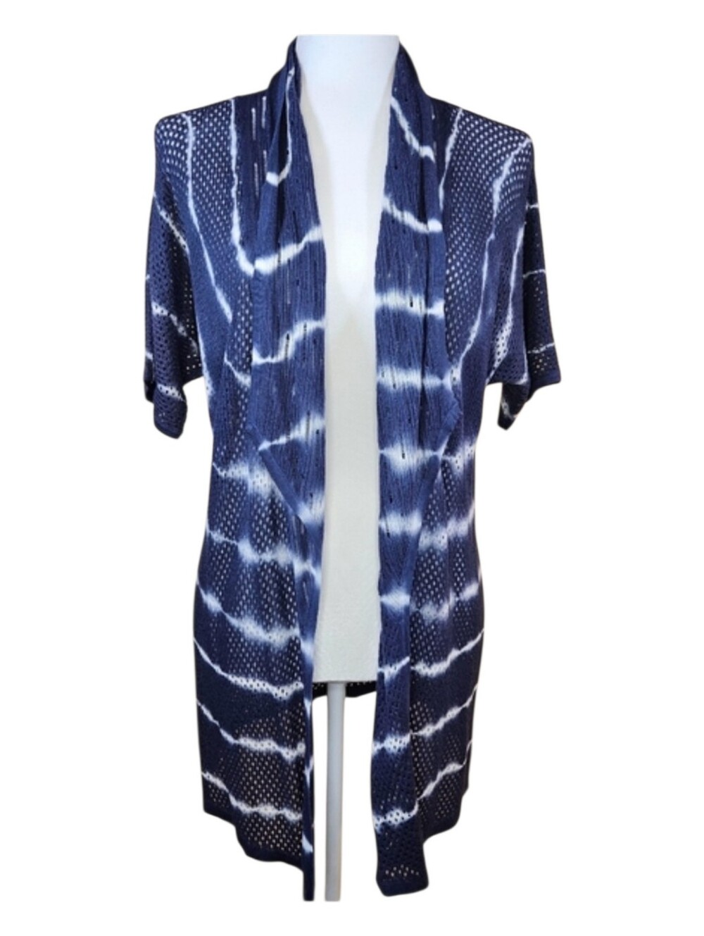 Design 365 Blue Shibori Tie Dye Open Knit Draped Cardigan Wrap Small